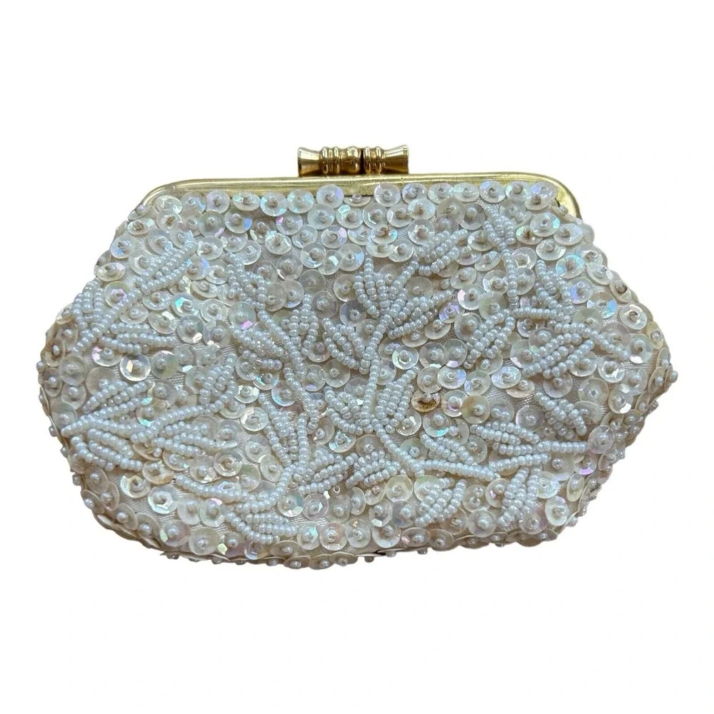 Vintage White Hand Made Beaded Sequin Evening Purse Clutch Hong‎ Kong Emson